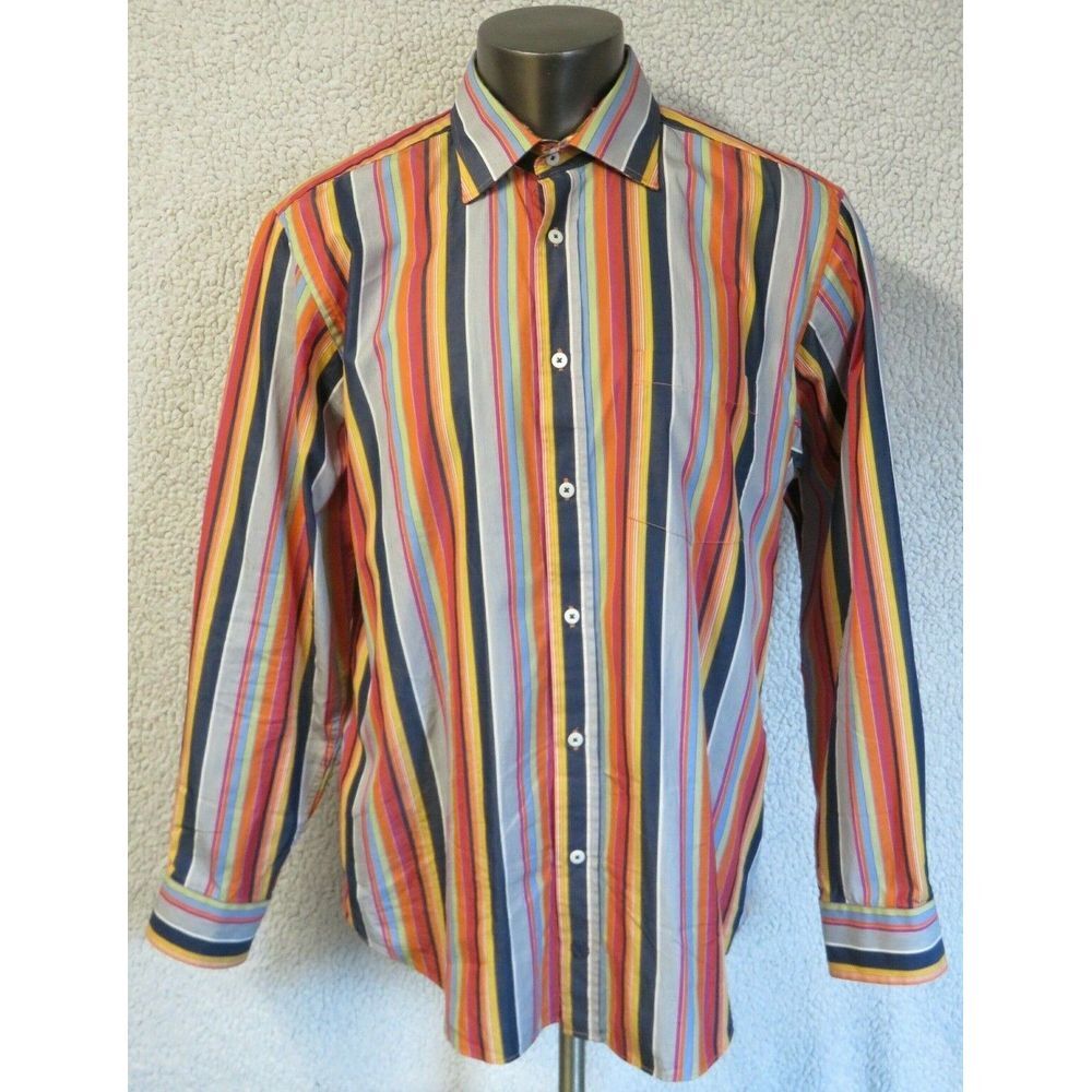 Mens Bugatchi Uomo Long Sleeve Button Front Shirt Size XL Shaped Fit Striped